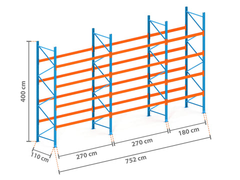 7.5m Palettenregal mit 4.500kg Feldlast | 110cm tief | 4.0m hoch | 4 Ebenen für 40 Europaletten