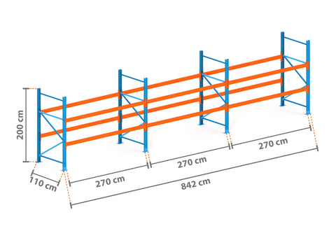 8.4m Palettenregal mit 4.500kg Feldlast | 110cm tief | 2.0m hoch | 2 Ebenen für 27 Europaletten