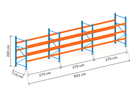 8.4m Palettenregal mit 4.500kg Feldlast | 110cm tief | 2.0m hoch | 3 Ebenen für 36 Europaletten