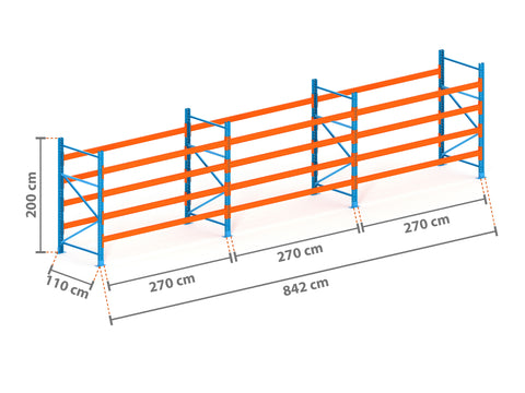8.4m Palettenregal mit 4.500kg Feldlast | 110cm tief | 2.0m hoch | 4 Ebenen für 45 Europaletten
