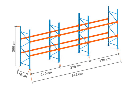 8.4m Palettenregal mit 4.500kg Feldlast | 110cm tief | 3.0m hoch | 2 Ebenen für 27 Europaletten