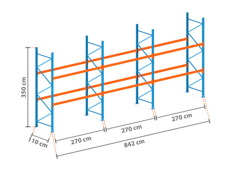 8.4m Palettenregal mit 4.500kg Feldlast | 110cm tief | 3.5m hoch | 2 Ebenen für 27 Europaletten