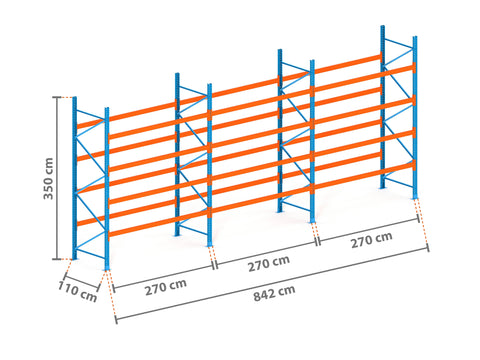 8.4m Palettenregal mit 4.500kg Feldlast | 110cm tief | 3.5m hoch | 4 Ebenen für 45 Europaletten