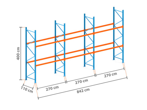 8.4m Palettenregal mit 4.500kg Feldlast | 110cm tief | 4.0m hoch | 2 Ebenen für 27 Europaletten