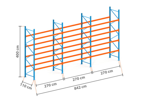 8.4m Palettenregal mit 4.500kg Feldlast | 110cm tief | 4.0m hoch | 4 Ebenen für 45 Europaletten
