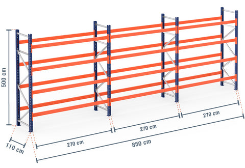 8,5 m Palettenregal PR9000 / 110 cm tief / 5 m hoch / 4 Ebenen für 45 Europaletten