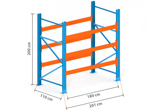 2m Palettenregal mit 9.000kg Feldlast | 110cm tief | 2.0m hoch | 3 Ebenen für 8 Europaletten