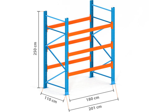 2m Palettenregal mit 9.000kg Feldlast | 110cm tief | 2.5m hoch | 3 Ebenen für 8 Europaletten