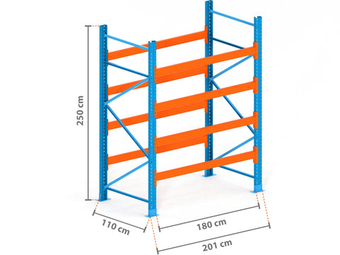 2m Palettenregal mit 9.000kg Feldlast | 110cm tief | 2.5m hoch | 4 Ebenen für 10 Europaletten