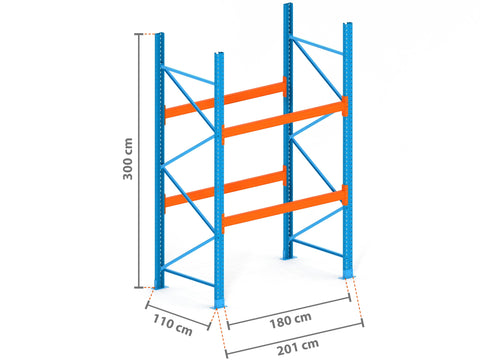 2m Palettenregal mit 9.000kg Feldlast | 110cm tief | 3.0m hoch | 2 Ebenen für 6 Europaletten
