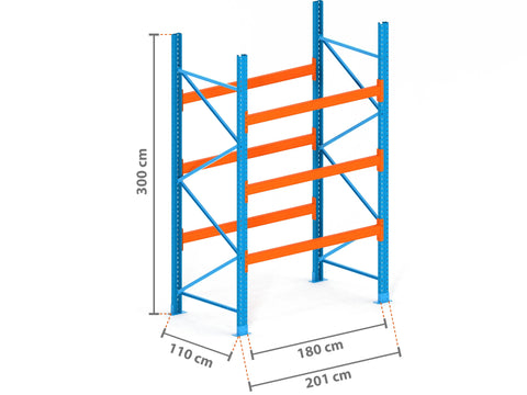 2m Palettenregal mit 9.000kg Feldlast | 110cm tief | 3.0m hoch | 3 Ebenen für 8 Europaletten