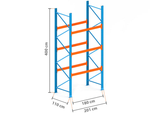 2m Palettenregal mit 9.000kg Feldlast | 110cm tief | 4.0m hoch | 3 Ebenen für 8 Europaletten