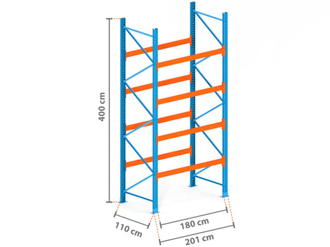 2m Palettenregal mit 9.000kg Feldlast | 110cm tief | 4.0m hoch | 4 Ebenen für 10 Europaletten