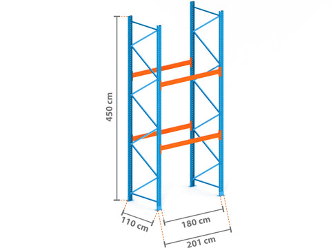 2m Palettenregal mit 9.000kg Feldlast | 110cm tief | 4.5m hoch | 2 Ebenen für 6 Europaletten