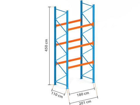 2m Palettenregal mit 9.000kg Feldlast | 110cm tief | 4.5m hoch | 3 Ebenen für 8 Europaletten