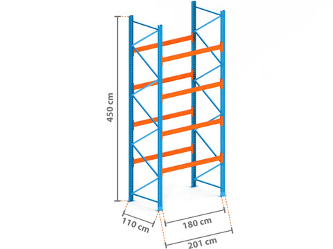2m Palettenregal mit 9.000kg Feldlast | 110cm tief | 4.5m hoch | 4 Ebenen für 10 Europaletten