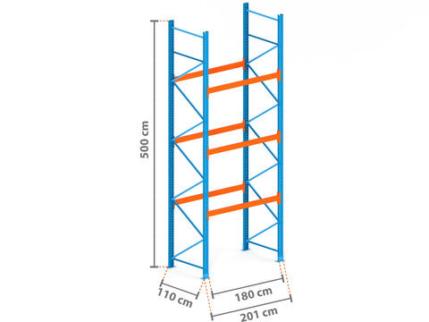 2m Palettenregal mit 9.000kg Feldlast | 110cm tief | 5.0m hoch | 3 Ebenen für 8 Europaletten