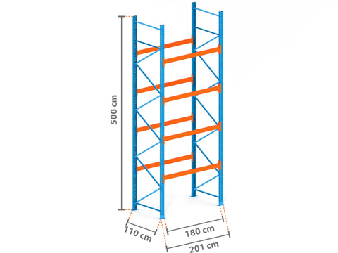 2m Palettenregal mit 9.000kg Feldlast | 110cm tief | 5.0m hoch | 4 Ebenen für 10 Europaletten