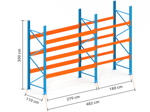 4.8m Palettenregal mit 9.000kg Feldlast | 110cm tief | 3.0m hoch | 3 Ebenen für 20 Europaletten