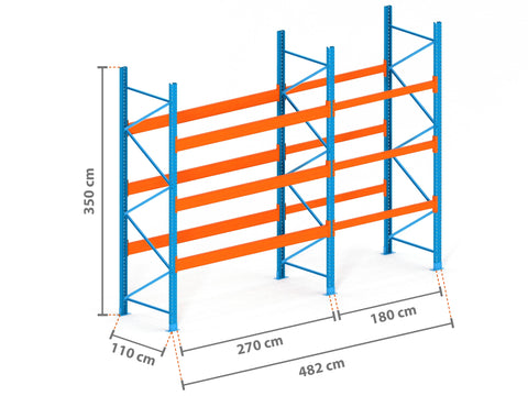 4.8m Palettenregal mit 9.000kg Feldlast | 110cm tief | 3.5m hoch | 4 Ebenen für 25 Europaletten
