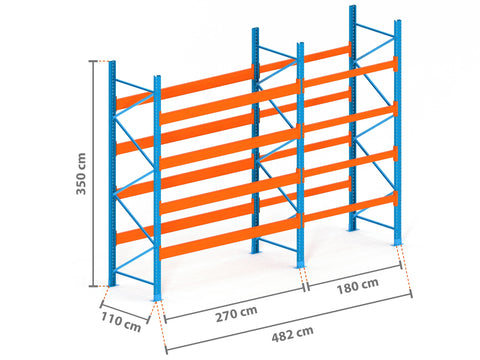 4.8m Palettenregal mit 9.000kg Feldlast | 110cm tief | 3.5m hoch | 4 Ebenen für 25 Europaletten