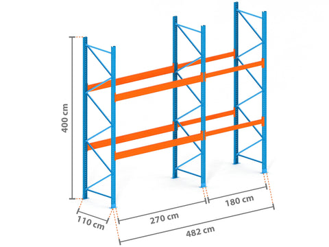4.8m Palettenregal mit 9.000kg Feldlast | 110cm tief | 4.0m hoch | 2 Ebenen für 15 Europaletten