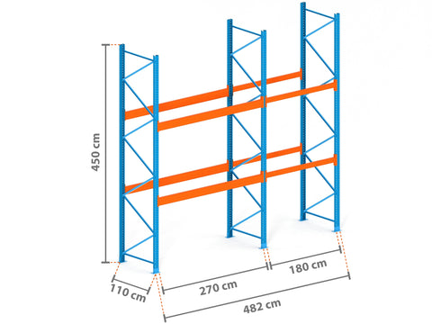 4.8m Palettenregal mit 9.000kg Feldlast | 110cm tief | 4.5m hoch | 2 Ebenen für 15 Europaletten