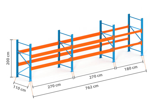 7.6m Palettenregal mit 9.000kg Feldlast | 110cm tief | 2.0m hoch | 2 Ebenen für 24 Europaletten