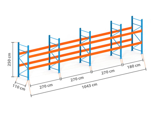 10.4m Palettenregal mit 15.000kg Feldlast | 110cm tief | 2.5m hoch | 2 Ebenen für 33 Europaletten