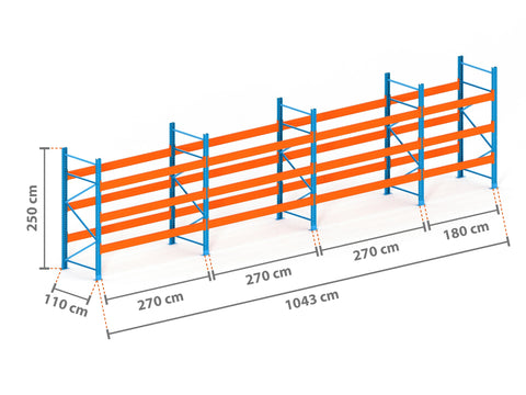 10.4m Palettenregal mit 15.000kg Feldlast | 110cm tief | 2.5m hoch | 3 Ebenen für 44 Europaletten