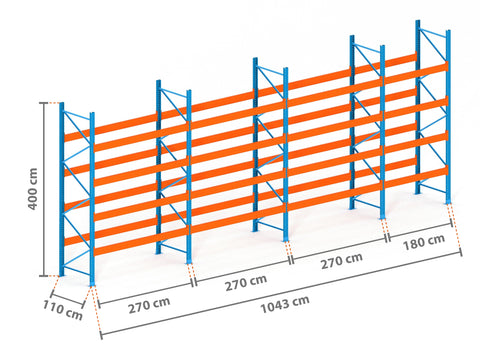 10.4m Palettenregal mit 15.000kg Feldlast | 110cm tief | 4.0m hoch | 4 Ebenen für 55 Europaletten