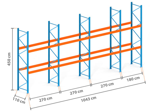 10.4m Palettenregal mit 15.000kg Feldlast | 110cm tief | 4.5m hoch | 2 Ebenen für 33 Europaletten