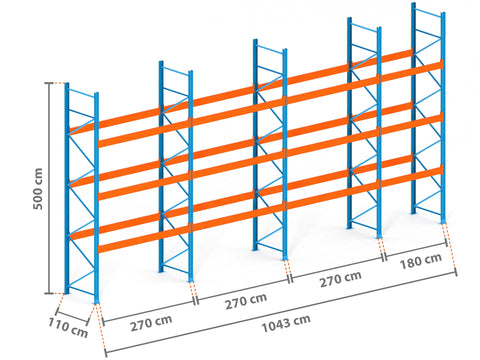 10.4m Palettenregal mit 15.000kg Feldlast | 110cm tief | 5.0m hoch | 3 Ebenen für 44 Europaletten