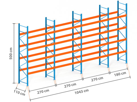 10.4m Palettenregal mit 15.000kg Feldlast | 110cm tief | 5.0m hoch | 4 Ebenen für 55 Europaletten