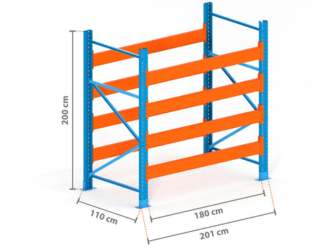 2m Palettenregal mit 15.000kg Feldlast | 110cm tief | 2.0m hoch | 4 Ebenen für 25 Europaletten