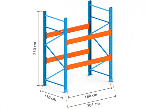 2m Palettenregal mit 15.000kg Feldlast | 110cm tief | 2.5m hoch | 2 Ebenen für 15 Europaletten