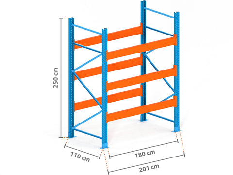 2m Palettenregal mit 15.000kg Feldlast | 110cm tief | 2.5m hoch | 3 Ebenen für 20 Europaletten