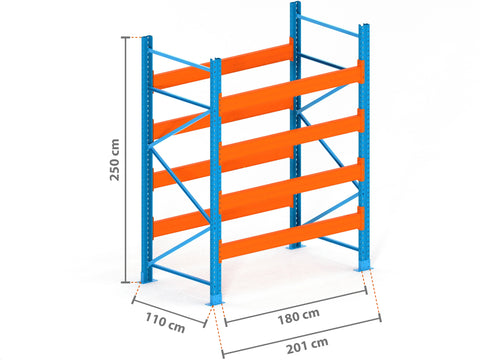 2m Palettenregal mit 15.000kg Feldlast | 110cm tief | 2.5m hoch | 4 Ebenen für 25 Europaletten