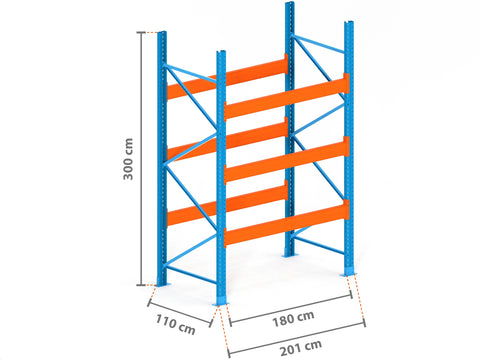 2m Palettenregal mit 15.000kg Feldlast | 110cm tief | 3.0m hoch | 3 Ebenen für 20 Europaletten