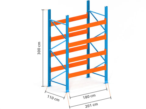 2m Palettenregal mit 15.000kg Feldlast | 110cm tief | 3.0m hoch | 4 Ebenen für 25 Europaletten