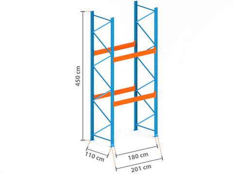 2m Palettenregal mit 15.000kg Feldlast | 110cm tief | 4.5m hoch | 2 Ebenen für 15 Europaletten