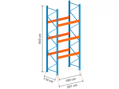 2m Palettenregal mit 15.000kg Feldlast | 110cm tief | 4.5m hoch | 3 Ebenen für 20 Europaletten