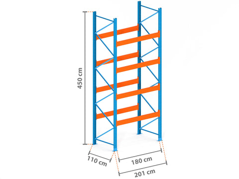 2m Palettenregal mit 15.000kg Feldlast | 110cm tief | 4.5m hoch | 4 Ebenen für 25 Europaletten