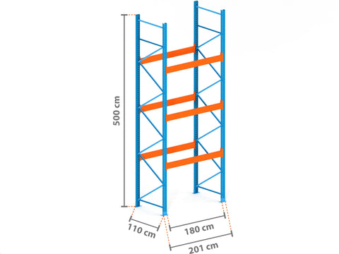 2m Palettenregal mit 15.000kg Feldlast | 110cm tief | 5.0m hoch | 3 Ebenen für 20 Europaletten