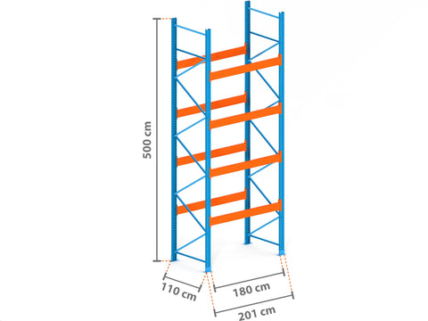 2m Palettenregal mit 15.000kg Feldlast | 110cm tief | 5.0m hoch | 4 Ebenen für 25 Europaletten