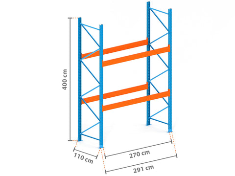 2.9m Palettenregal mit 15.000kg Feldlast | 110cm tief | 4.0m hoch | 2 Ebenen für 9 Europaletten