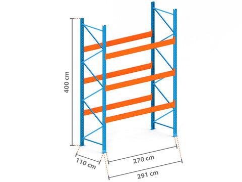 2.9m Palettenregal mit 15.000kg Feldlast | 110cm tief | 4.0m hoch | 3 Ebenen für 12 Europaletten