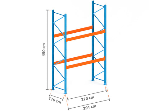 2.9m Palettenregal mit 15.000kg Feldlast | 110cm tief | 4.5m hoch | 2 Ebenen für 9 Europaletten