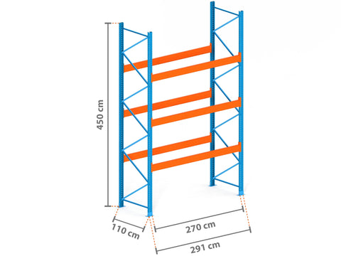 2.9m Palettenregal mit 15.000kg Feldlast | 110cm tief | 4.5m hoch | 3 Ebenen für 12 Europaletten