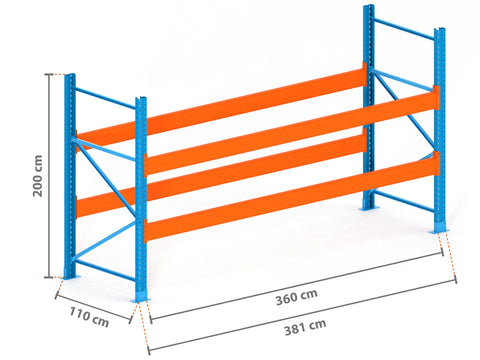 3.8m Palettenregal mit 15.000kg Feldlast | 110cm tief | 2.0m hoch | 2 Ebenen für 12 Europaletten